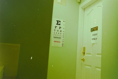 A white door with a sign reading 'STAFF ONLY' partially open next to an eye chart poster mounted on the wall. The room has a visible yellowish-green hue. The eye chart has large letters starting with 'E' at the top, diminishing in size.