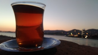 An elegant desk with financial charts and a cup of tea overlooking an Asian city skyline at sunset.