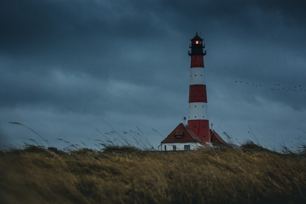 farol branco e vermelho sob o céu azul