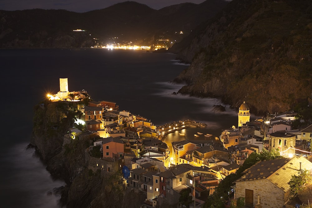 aerial photo of city beside body of water during nighttime