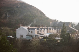 A row of terraced houses with light brown and cream facades nestled at the base of a large, green hillside. Smoke rises from chimneys, suggesting a cozy, lived-in atmosphere. In the background, more buildings are partially visible, surrounded by trees and foliage.