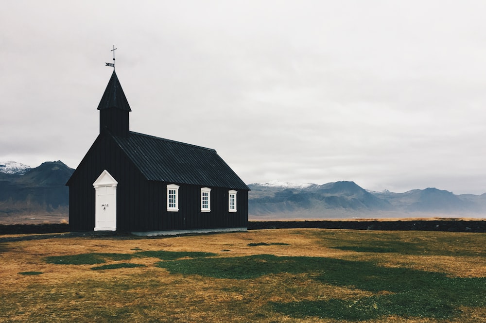 black and white church at daytime