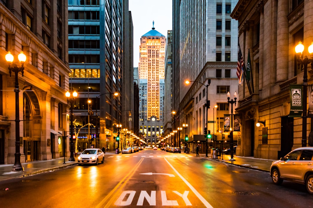 lighted roadway surrounded with buildings, Down The Street