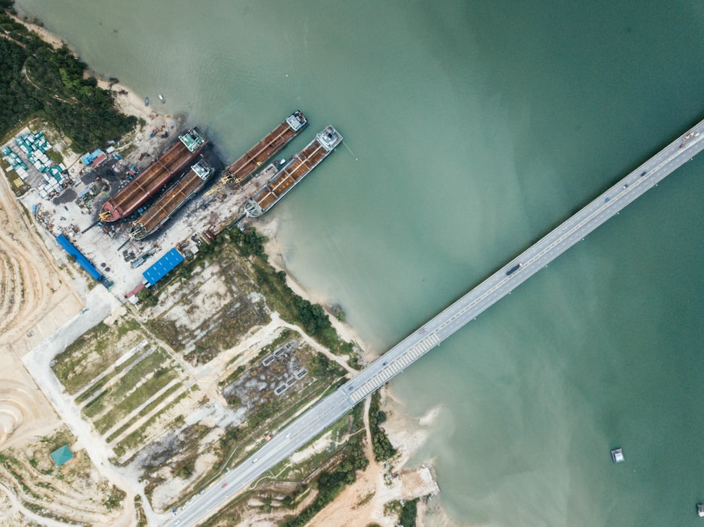 aerial photo of bridge and buildings