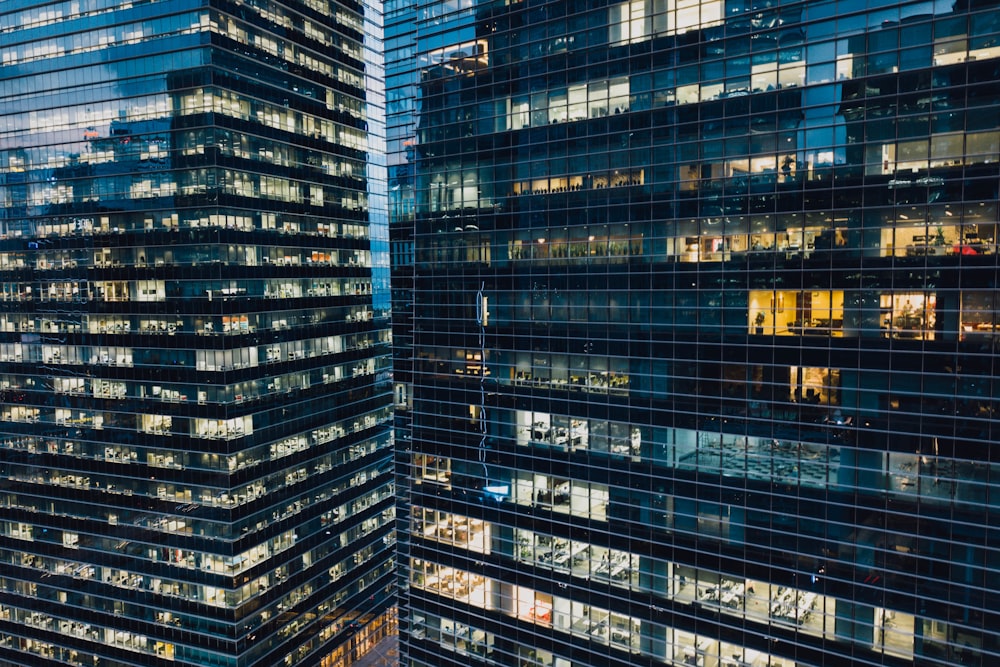 high-angle photography of black high-rise buildings