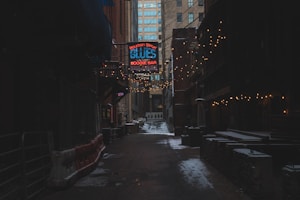 A dimly lit alleyway is adorned with strings of warm lights hanging above, casting a soft glow along the path. A prominent neon sign reading 'Bourbon Street Blues Boogie Bar' is visible ahead. The urban setting is framed by tall buildings, giving a narrow perspective that adds to the secluded atmosphere. The ground appears damp, possibly from recent rain or snow.