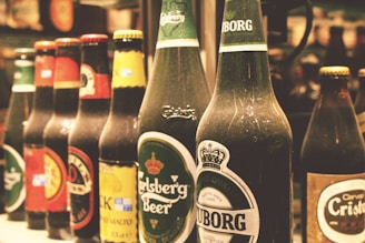 A row of various beer bottles with distinct labels, including brands such as Carlsberg and Tuborg. The bottles are arranged side by side on a shelf with a slightly blurred background, indicating a bar or store setting.