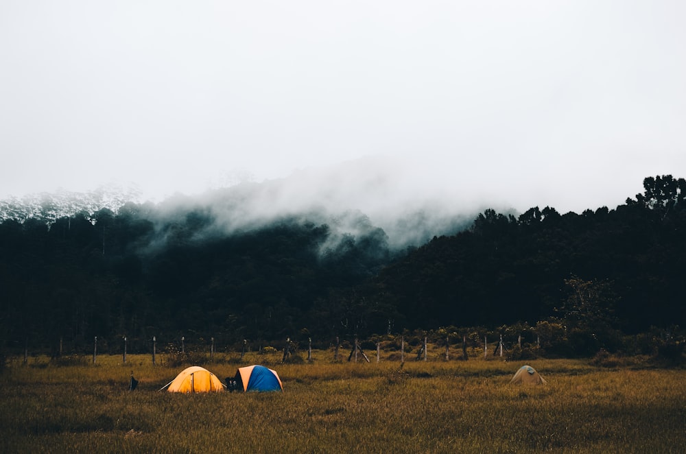 two blue and yellow dome tents on ground near mountain with smoke