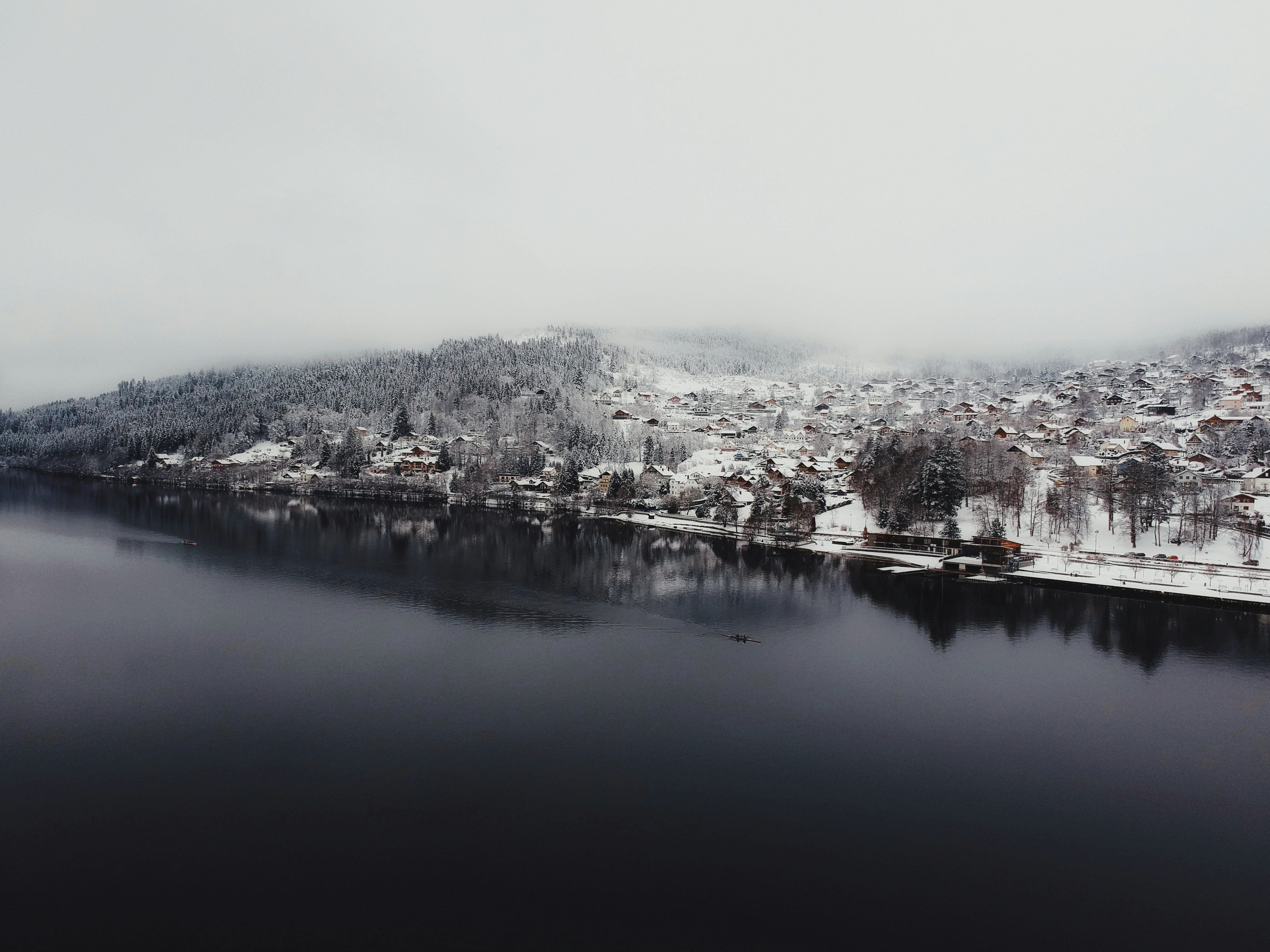 aerial view of snow covered city