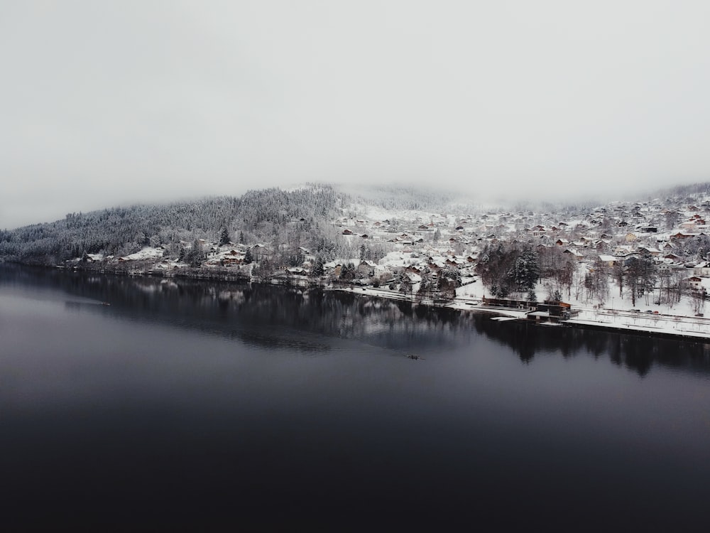 aerial view of snow covered city