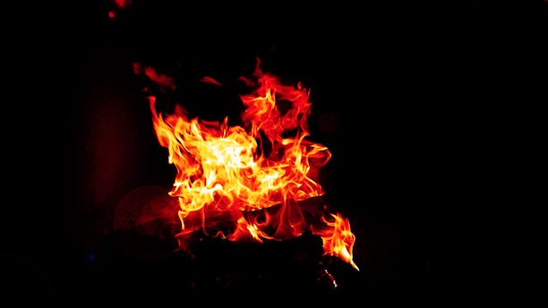 Bright, vibrant flames are leaping in various directions against a dark background. The fire seems energetic and powerful, casting a warm glow.