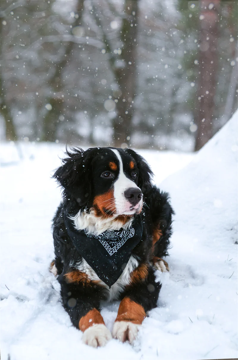Karda oturan uzun tüylü Bernese Dağ Köpeği