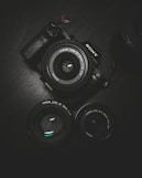 flat lay photography of black Sony DSLR camera on black surface