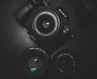 flat lay photography of black Sony DSLR camera on black surface