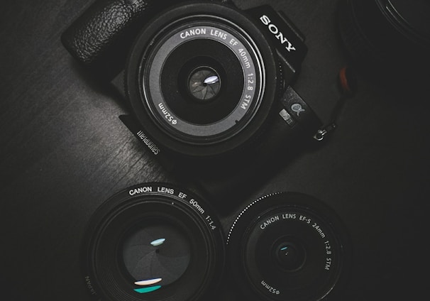 flat lay photography of black Sony DSLR camera on black surface