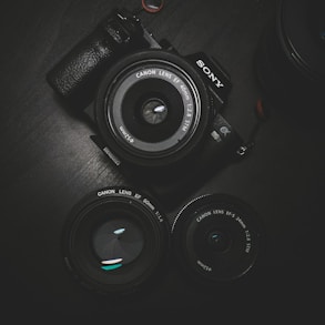 flat lay photography of black Sony DSLR camera on black surface