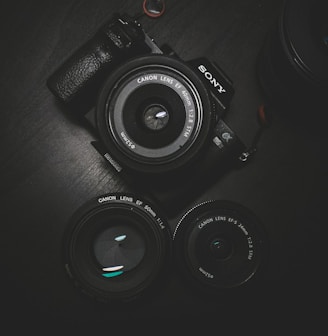 flat lay photography of black Sony DSLR camera on black surface