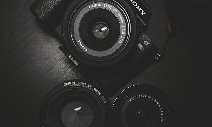 flat lay photography of black Sony DSLR camera on black surface