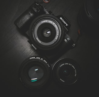 flat lay photography of black Sony DSLR camera on black surface