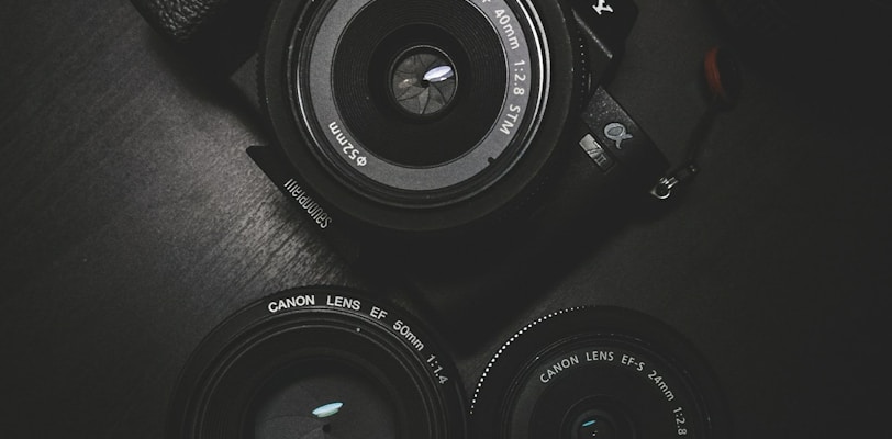 flat lay photography of black Sony DSLR camera on black surface