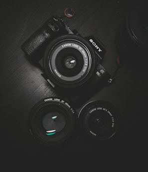 flat lay photography of black Sony DSLR camera on black surface