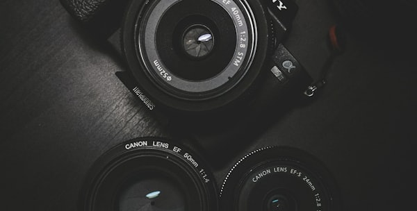 flat lay photography of black Sony DSLR camera on black surface