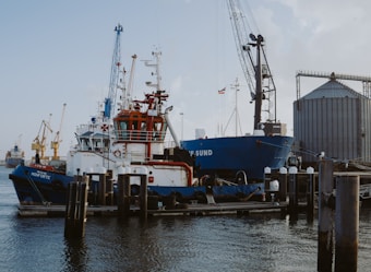 Several industrial ships are docked at a port, surrounded by various cranes and large storage silos. The water is calm, and there is a clear view of the vessels' structures and equipment.