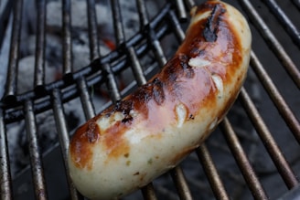 A grilled sausage with a crispy, browned exterior rests on metal grates, with char marks visible on its surface. The background shows part of a charcoal grill.