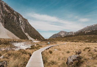 A narrow boardwalk path winds through a vast, grassy landscape surrounded by rugged mountains. A person in outdoor gear is visible further along the path, walking towards the distant hills under a clear blue sky.