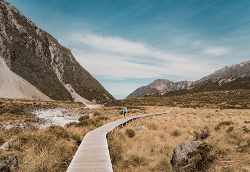 A narrow boardwalk path winds through a vast, grassy landscape surrounded by rugged mountains. A person in outdoor gear is visible further along the path, walking towards the distant hills under a clear blue sky.