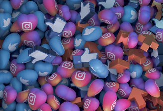 Colorful digital marketing icons representing SEO, ads, and social media strategies.