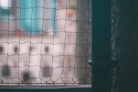 Close-up of a tightly woven pigeon net installed on a balcony overlooking Mumbai's skyline.