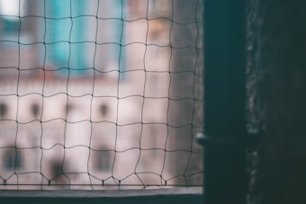 A close-up view of a mesh netting in the foreground with an out-of-focus cityscape in the background. The net has a grid pattern and is framed by a vertical bar, suggesting a view from a window or enclosure.