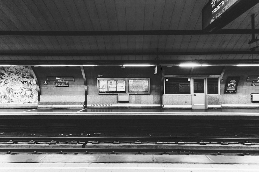 grayscale photo of train station