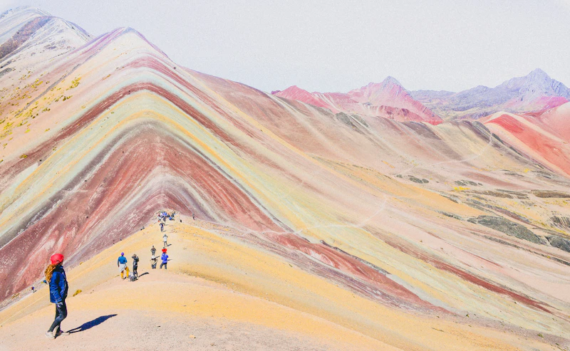 The striped slopes of Vinicunca, the Rainbow Mountain, near Cusco, Peru