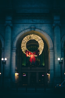 wreath with string lights hanging