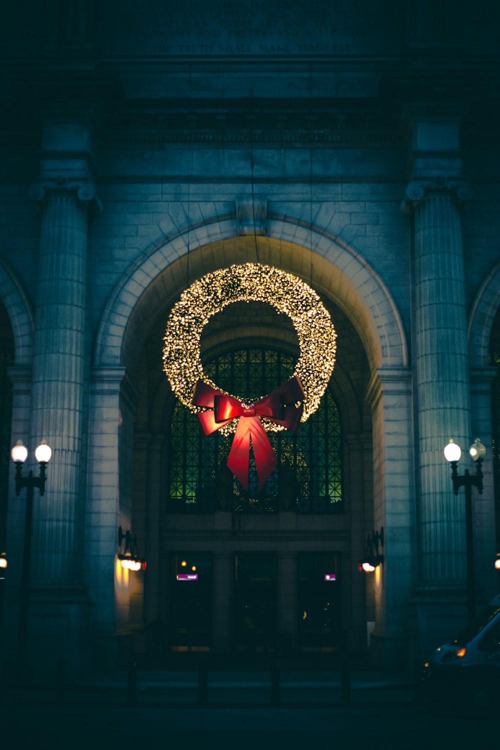 wreath with string lights hanging