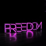 Neon pink letters spelling out the word 'FREEDOM' against a dark background, with reflections on the glossy floor surface.