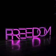 purple Freedom lighted freestanding letters on brown surface