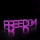 Neon pink letters spelling out the word 'FREEDOM' against a dark background, with reflections on the glossy floor surface.