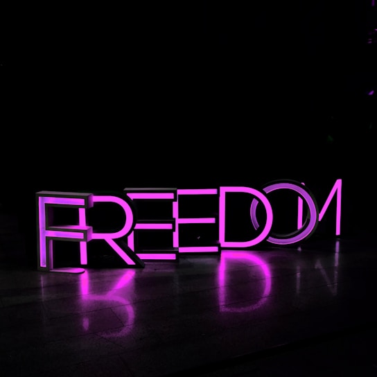 Neon pink letters spelling out the word 'FREEDOM' against a dark background, with reflections on the glossy floor surface.