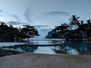 A peaceful infinity pool blending seamlessly into the ocean view at dusk