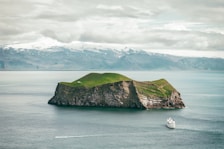 A green and rocky island sits in the middle of calm ocean waters, with a ferry or cruise ship sailing nearby. Snow-capped mountains are visible in the distance under a cloudy sky.