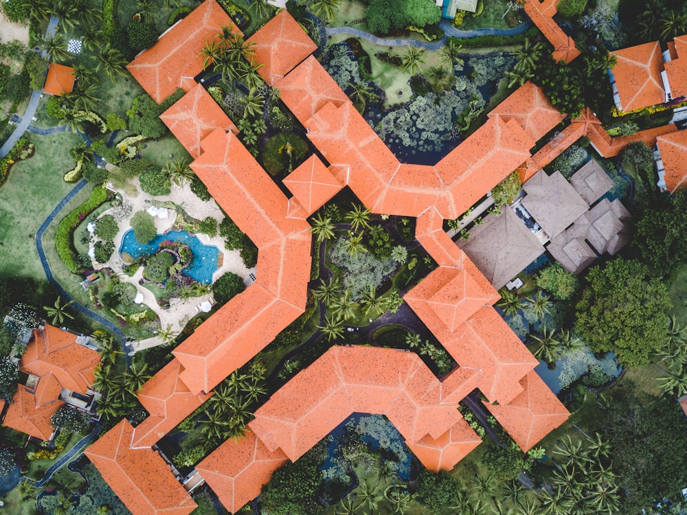 aerial view of orange roofed house
