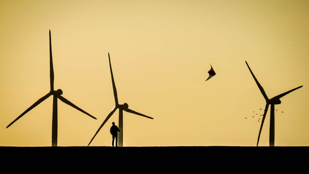 silhouette of person standing near windmills