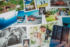 A collection of multiple photographs laid out together, including a wedding couple posing with a sports car, an underwater diver, a serene forest scene, and a family portrait in nature. Other images depict a couple cuddled close and a young child smiling at the camera.