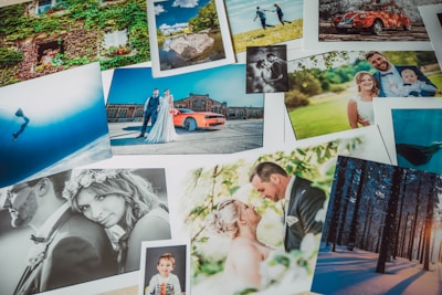 A collection of multiple photographs laid out together, including a wedding couple posing with a sports car, an underwater diver, a serene forest scene, and a family portrait in nature. Other images depict a couple cuddled close and a young child smiling at the camera.