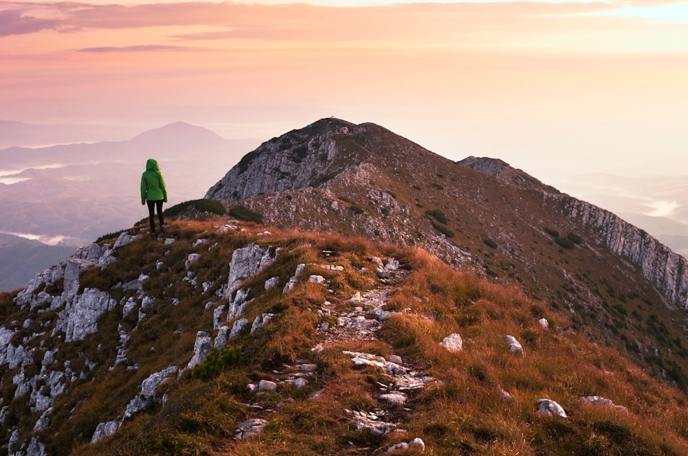 person wearing green jacket standing on cliff facing mountain