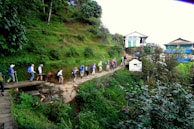 A group of people are hiking along a stone-paved trail surrounded by lush green vegetation. The path is elevated, leading up through the verdant landscape towards a small settlement of traditional buildings with blue and white accents. The hikers wear a variety of outdoor gear and backpacks.