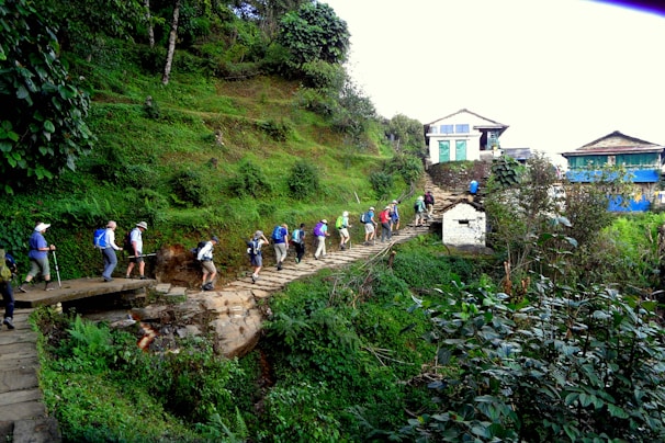 A group of people are hiking along a stone-paved trail surrounded by lush green vegetation. The path is elevated, leading up through the verdant landscape towards a small settlement of traditional buildings with blue and white accents. The hikers wear a variety of outdoor gear and backpacks.